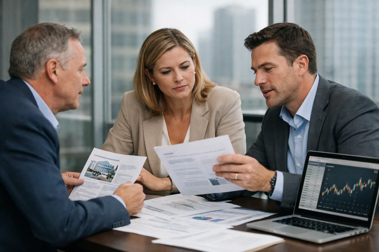 Professionals in a meeting reviewing medical clinic investment analysis with financial charts.